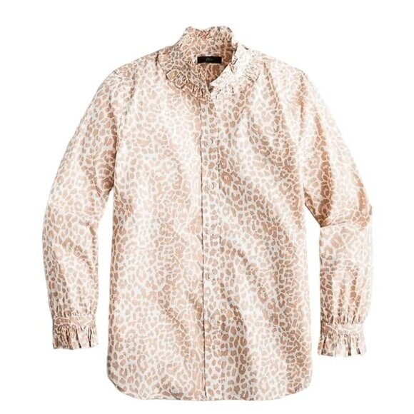 J. Crew Classic Fit Ruffle High Neck Button Up Shirt Popover Leopard Print Top - Picture 1 of 9